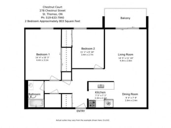 Floor Plan  Two bedroom, one bathroom apartment layout at Chestnut Court in St. Thomas, ON