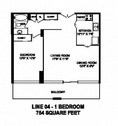 Floor Plan  One bedroom, one bathroom apartment layout at Monaco Towers in Toronto, ON
