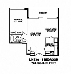 Floor Plan  One bedroom, one bathroom apartment layout at Monaco Towers in Toronto, ON
