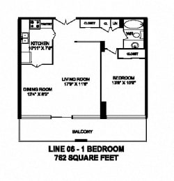 Floor Plan  One bedroom, one bathroom apartment layout at Monaco Towers in Toronto, ON