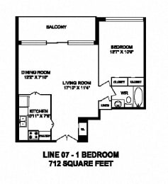 Floor Plan  One bedroom, one bathroom apartment layout at Monaco Towers in Toronto, ON