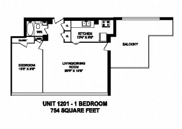 Floor Plan  One bedroom, one bathroom apartment layout at Monaco Towers in Toronto, ON