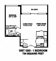 Floor Plan  One bedroom, one bathroom apartment layout at Monaco Towers in Toronto, ON