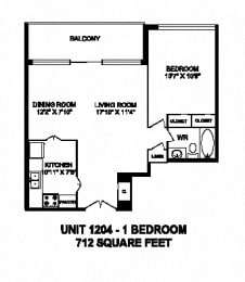 Floor Plan  One bedroom, one bathroom apartment layout at Monaco Towers in Toronto, ON