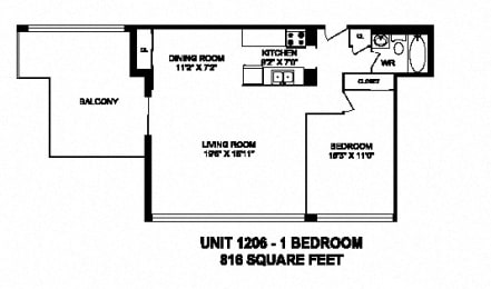 Floor Plan  One bedroom, one bathroom apartment layout at Monaco Towers in Toronto, ON