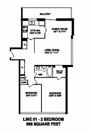 Floor Plan  Two bedroom, one bathroom apartment layout at Monaco Towers in Toronto, ON