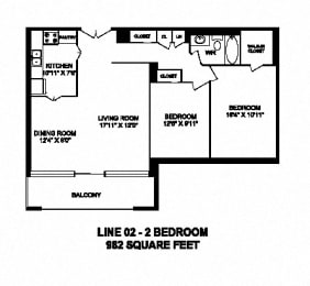 Floor Plan  Two bedroom, one bathroom apartment layout at Monaco Towers in Toronto, ON