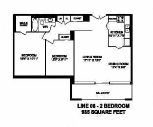 Floor Plan  Two bedroom, one bathroom apartment layout at Monaco Towers in Toronto, ON