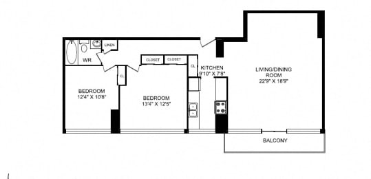 Floor Plan  Two bedroom, one bathroom apartment layout at Monaco Towers in Toronto, ON