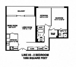 Floor Plan  Two bedroom, two bathroom apartment layout at Monaco Towers in Toronto, ON
