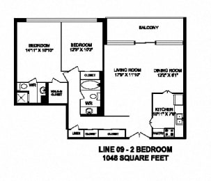 Floor Plan  Two bedroom, two bathroom apartment layout at Monaco Towers in Toronto, ON