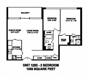 Floor Plan  Two bedroom, two bathroom apartment layout at Monaco Towers in Toronto, ON