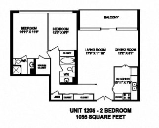 Floor Plan  Two bedroom, two bathroom apartment layout at Monaco Towers in Toronto, ON
