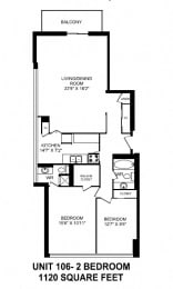 Floor Plan  Two bedroom, two bathroom apartment layout at Monaco Towers in Toronto, ON