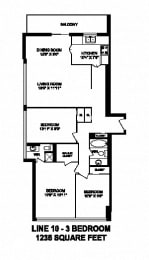 Floor Plan  Three bedroom, two bathroom apartment layout at Monaco Towers in Toronto, ON