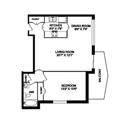 Floor Plan  One bedroom, one bathroom apartment layout at San Remo in Toronto, ON