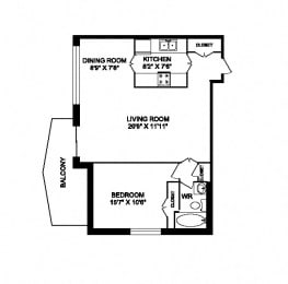 Floor Plan  One bedroom, one bathroom apartment layout at San Remo in Toronto, ON