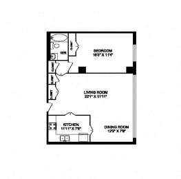 Floor Plan  One bedroom, one bathroom apartment layout at San Remo in Toronto, ON