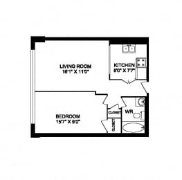 Floor Plan  One bedroom, one bathroom apartment layout at San Remo in Toronto, ON