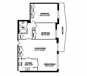 Floor Plan  Two bedroom, one bathroom apartment layout at San Remo in Toronto, ON