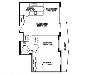 Floor Plan  Two bedroom, one bathroom apartment layout at San Remo in Toronto, ON
