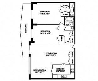 Floor Plan  Two bedroom, one bathroom apartment layout at San Remo in Toronto, ON