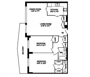 Floor Plan  Two bedroom, one bathroom apartment layout at San Remo in Toronto, ON