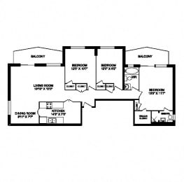 Floor Plan  Three bedroom, two bathroom apartment layout at San Remo in Toronto, ON