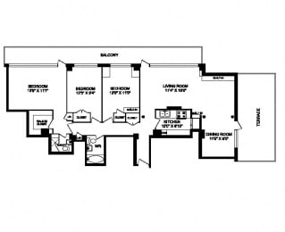 Three bedroom, two bathroom apartment layout at South Algiers in Toronto, ON