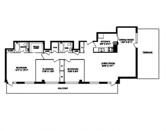Three bedroom, two bathroom apartment layout at South Algiers in Toronto, ON