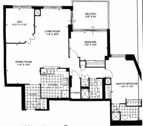 Floor plan of a 2 bed, 1 bath, spacious suite with a balcony view at Brookbanks Apartments in Toronto, ON