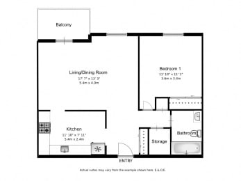Floor Plan  One bedroom, one bathroom apartment layout at Mary Street Apartments in Whitby, ON