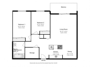 Floor Plan  Two bedroom, one bathroom apartment layout at Mary Street Apartments in Whitby, ON