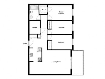 Floor Plan  Three bedroom, one bathroom apartment layout at Mary Street Apartments in Whitby, ON