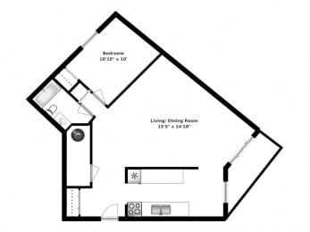 Floor Plan  One bedroom, one bathroom apartment layout at Whitby Place in Whitby, ON