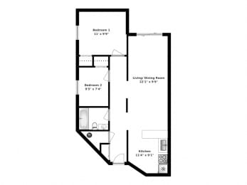 Floor Plan  Two bedroom, one bathroom apartment layout at Whitby Place in Whitby, ON