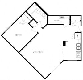 Floor Plan  One bedroom, one bathroom apartment layout at Whitby Place in Whitby, ON