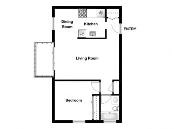 Floor Plan  One bedroom, one bathroom apartment layout at Garden Court Apartments in Windsor, ON