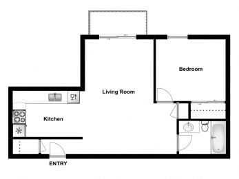 Floor Plan  One bedroom, one bathroom apartment layout at Garden Court Apartments in Windsor, ON