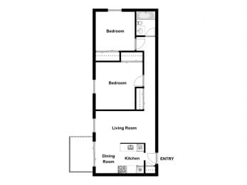 Floor Plan  Two bedroom, one bathroom apartment layout at Garden Court Apartments in Windsor, ON