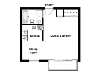 Floor Plan  Bachelor, one bathroom apartment layout at Garden Court Apartments in Windsor, ON