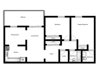 Floor Plan  Two bedroom, one bathroom apartment layout at Northgate Tower in Woodstock, ON