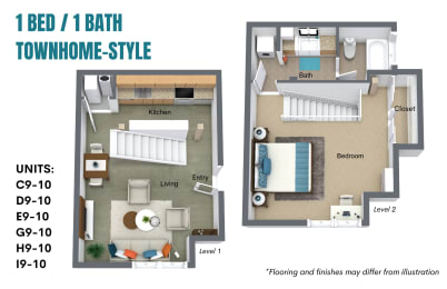  Floor Plan 1 Bedroom / 1 Bath: Townhome Style