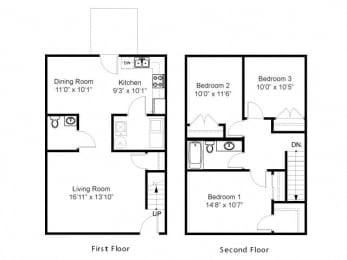 3 Bedroom 2 Bath 2D Floorplan-Duneland Village Apartments Gary, IN