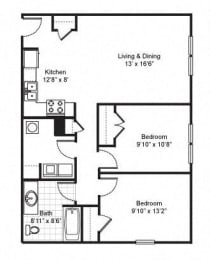 2 Bedroom 1 Bath 2D Floorplan-Fairfield Apartments Pittsburgh, PA