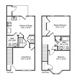 2 Bedroom 1.5 Bath Townhouse 2D Floorplan-Fairfield Apartments Pittsburgh, PA