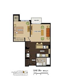 2d floorplan of a 1 bedroom, 1 bathroom unit