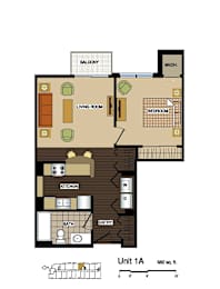 2d floorplan of a 1 bedroom, 1 bathroom unit
