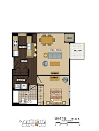 2d floorplan of a 1 bedroom, 1 bathroom unit
