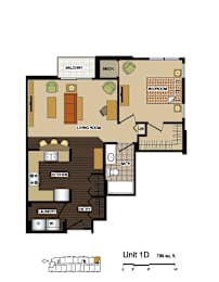 2d floorplan of a 1 bedroom, 1 bathroom unit